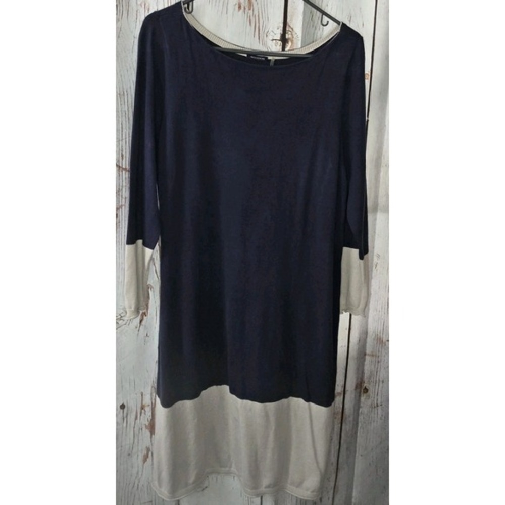 Women's Cashmere Sweater Shift Dress Colorblock Navy & Ivory Size L Magaschoni - Picture 2 of 7